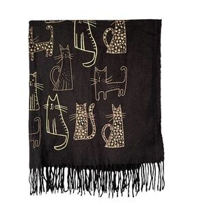 Scarf Black With Gold Cats Large Soft Fringe Rectangle Viscose Wool Blend